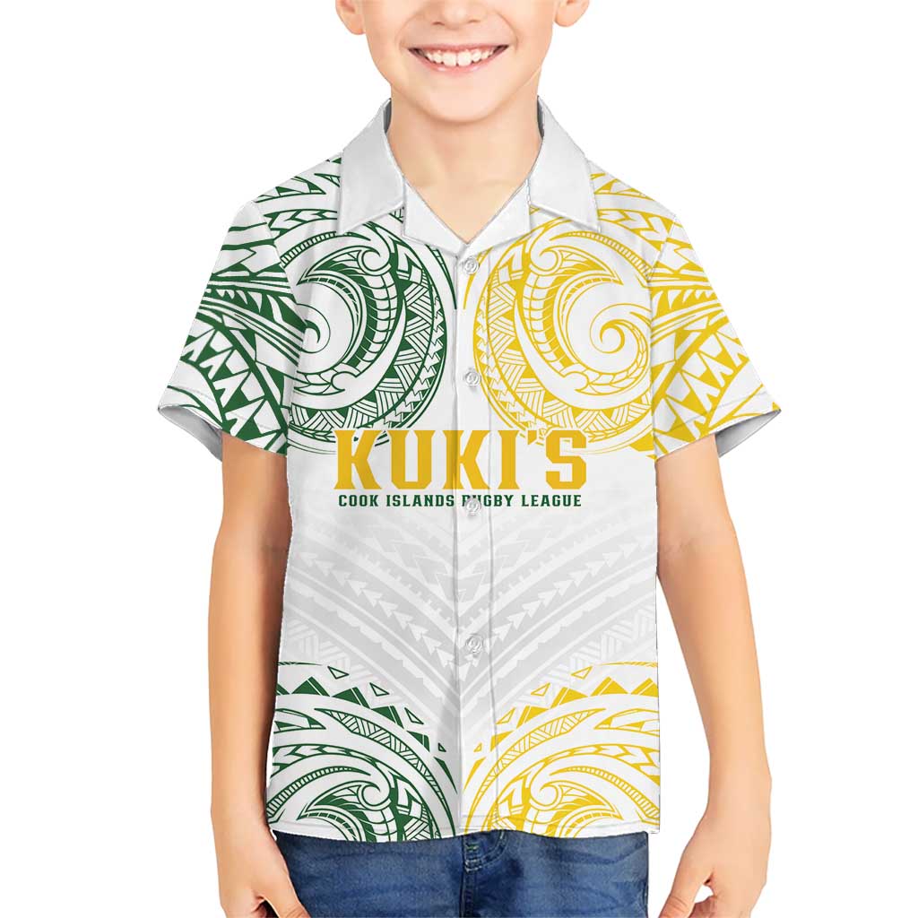 World Rugby Cook Islands Kid Hawaiian Shirt White Polynesian Tribal Pattern - Polynesian Pride