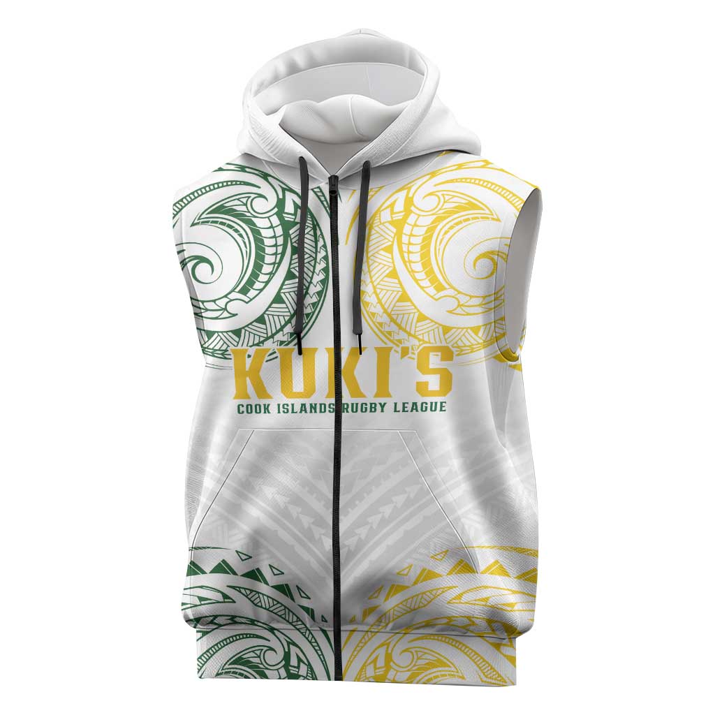 World Rugby Cook Islands Sleeveless Zip Hoodie White Polynesian Tribal Pattern - Polynesian Pride