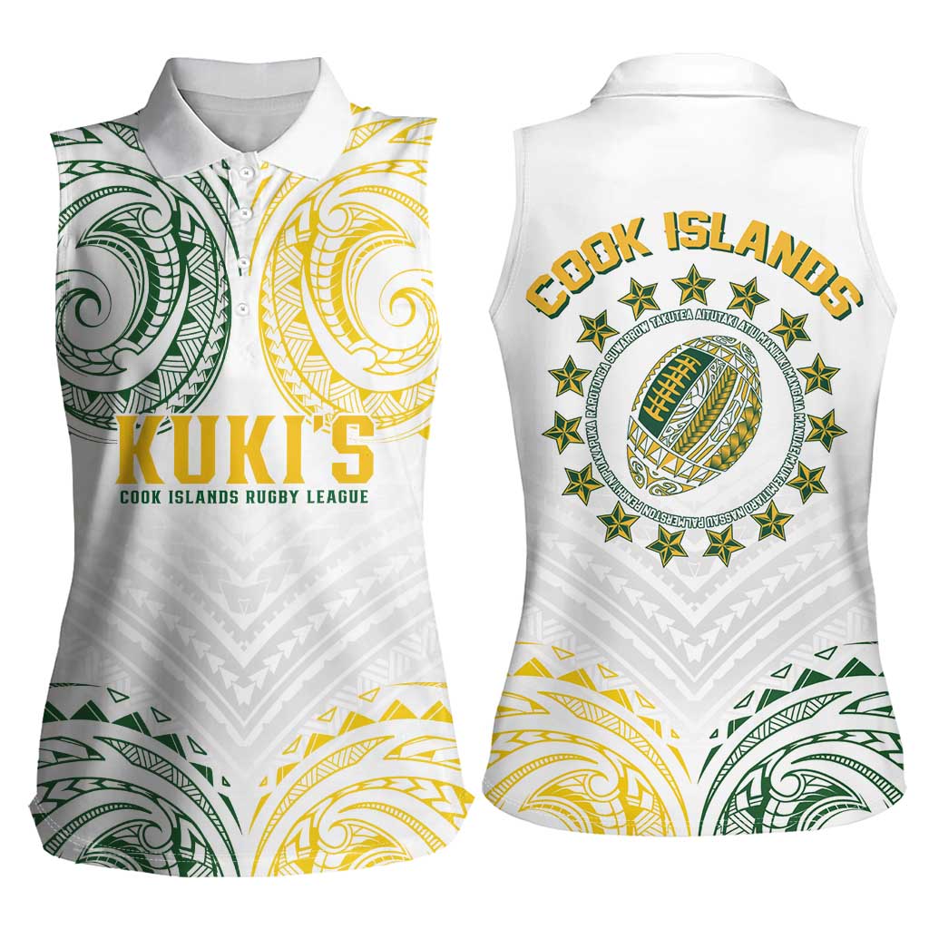 World Rugby Cook Islands Women Sleeveless Polo Shirt White Polynesian Tribal Pattern - Polynesian Pride
