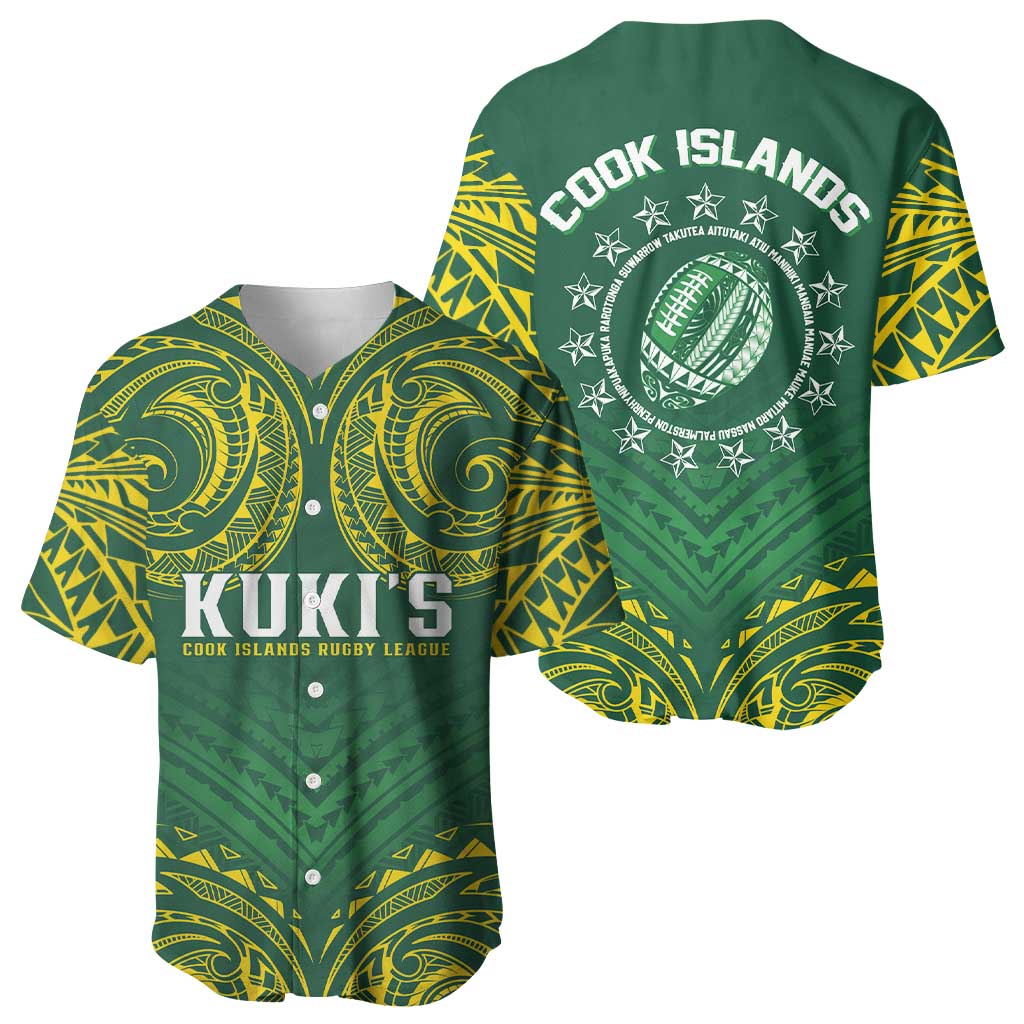 World Rugby Cook Islands Baseball Jersey Green Polynesian Tribal Pattern - Polynesian Pride