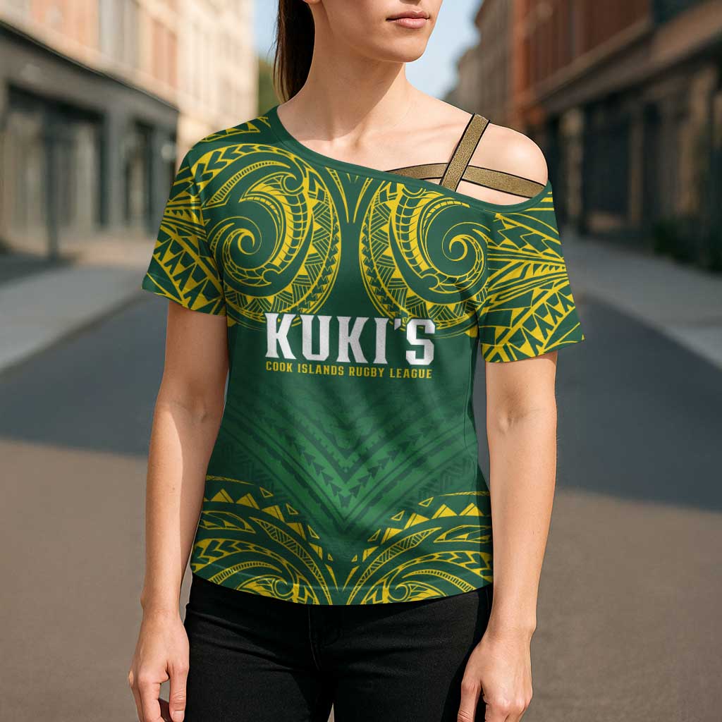 World Rugby Cook Islands Cross Shoulder Shirt Green Polynesian Tribal Pattern - Polynesian Pride