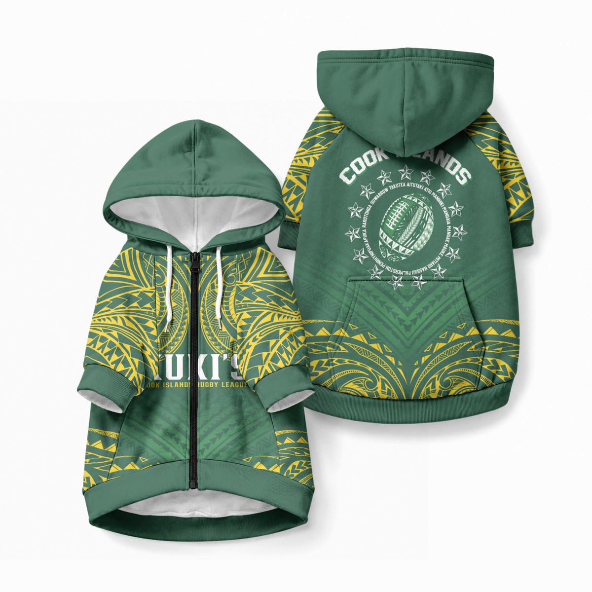 World Rugby Cook Islands Pet Hoodie Green Polynesian Tribal Pattern LT9 Zip-up Green - Polynesian Pride