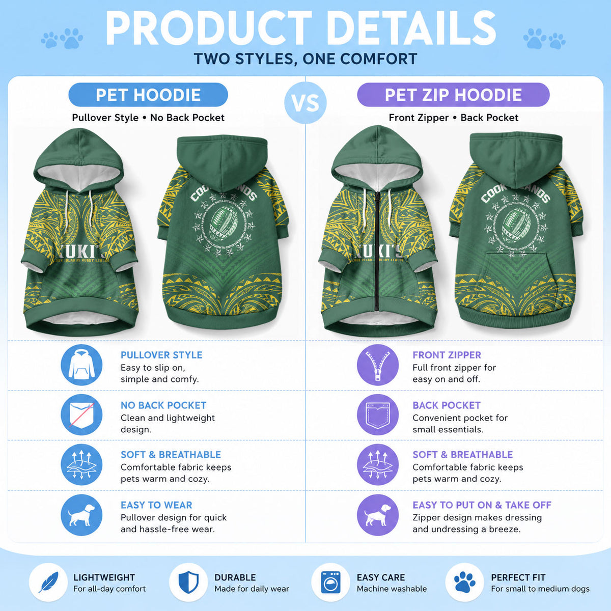 World Rugby Cook Islands Pet Hoodie Green Polynesian Tribal Pattern LT9 - Polynesian Pride