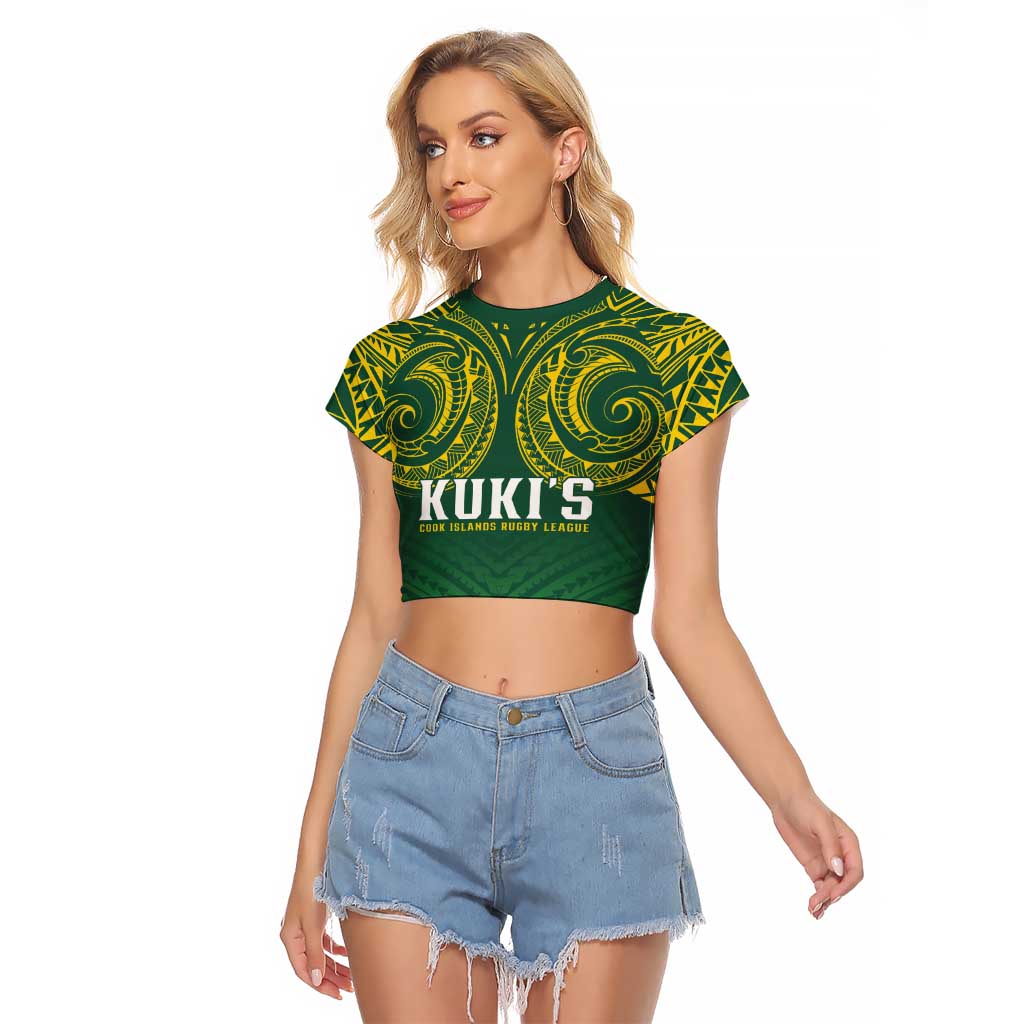 World Rugby Cook Islands Raglan Cropped T Shirt Green Polynesian Tribal Pattern - Polynesian Pride