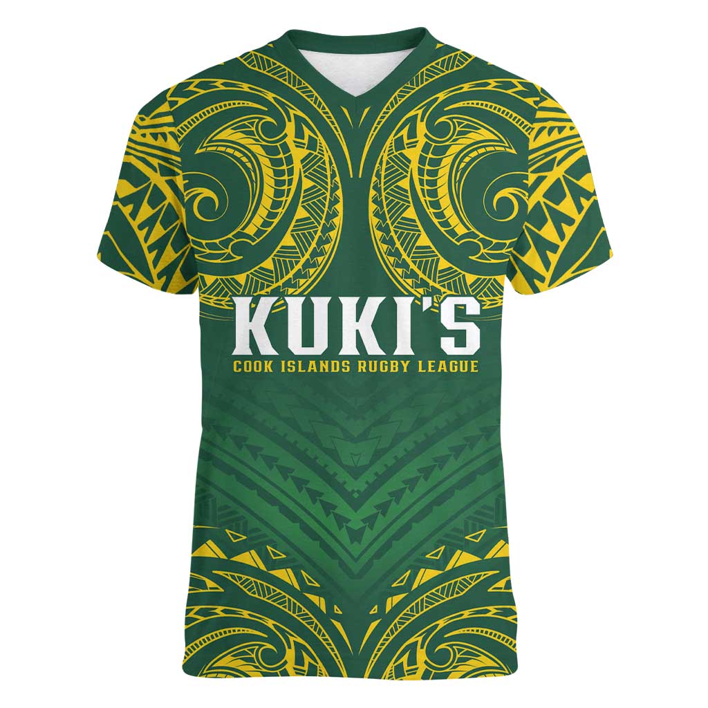 World Rugby Cook Islands Women V-Neck T-Shirt Green Polynesian Tribal Pattern - Polynesian Pride