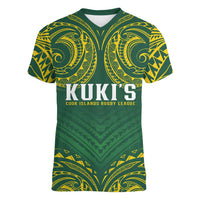 World Rugby Cook Islands Women V-Neck T-Shirt Green Polynesian Tribal Pattern - Polynesian Pride