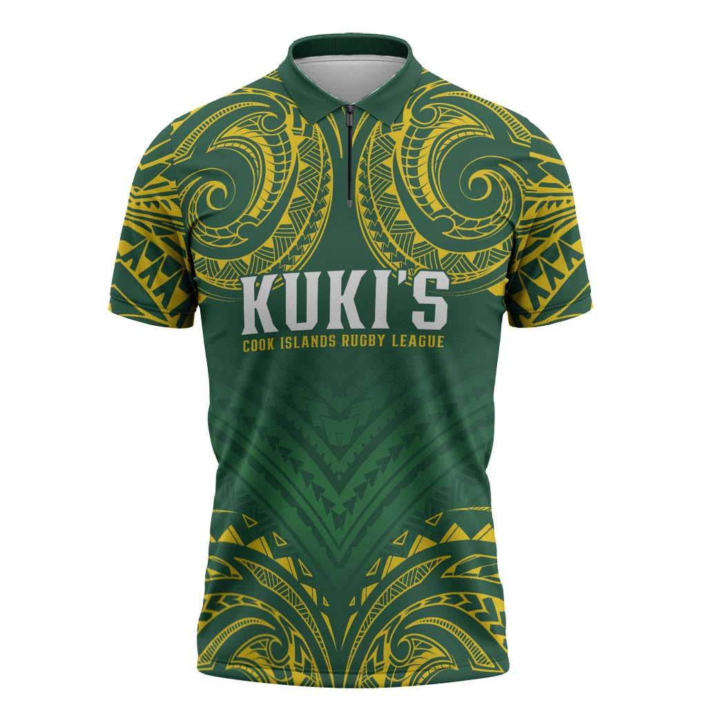 World Rugby Cook Islands Zipper Polo Shirt Green Polynesian Tribal Pattern - Polynesian Pride