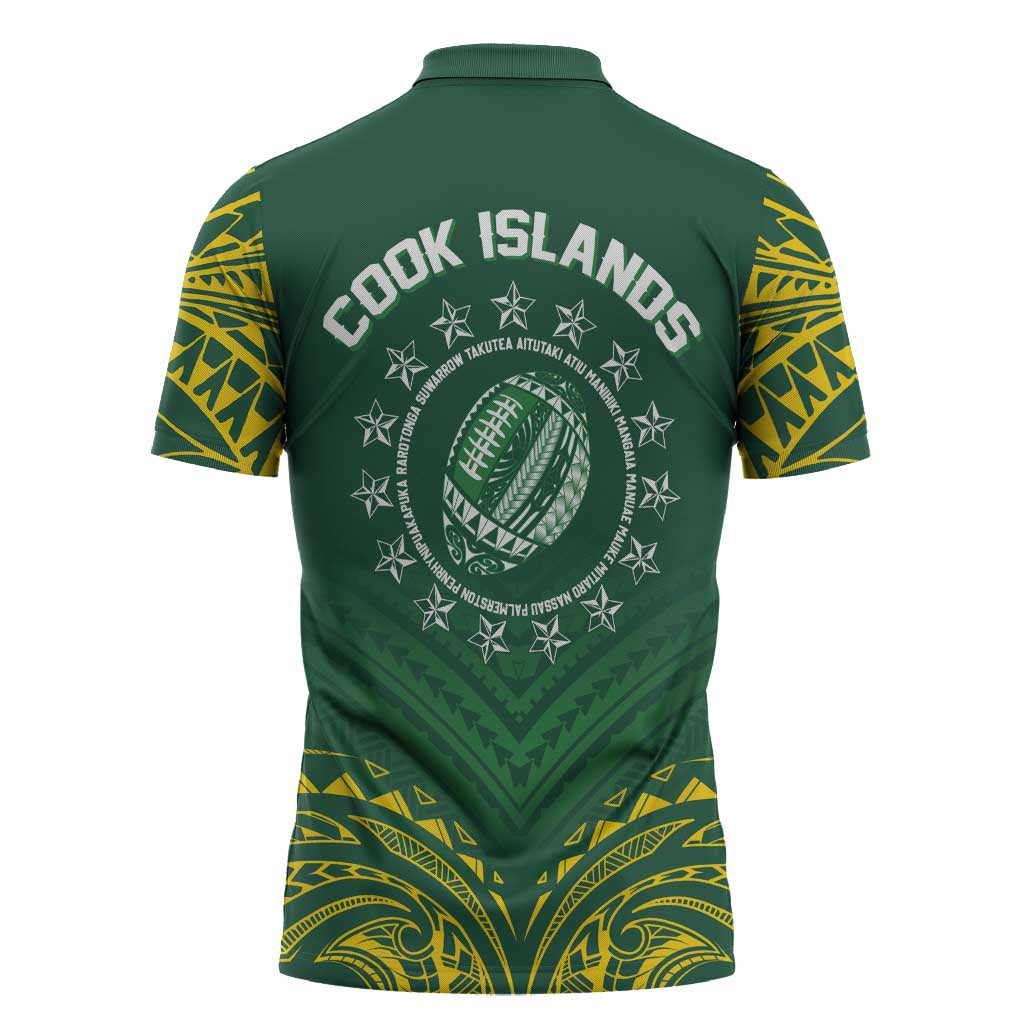 World Rugby Cook Islands Zipper Polo Shirt Green Polynesian Tribal Pattern - Polynesian Pride