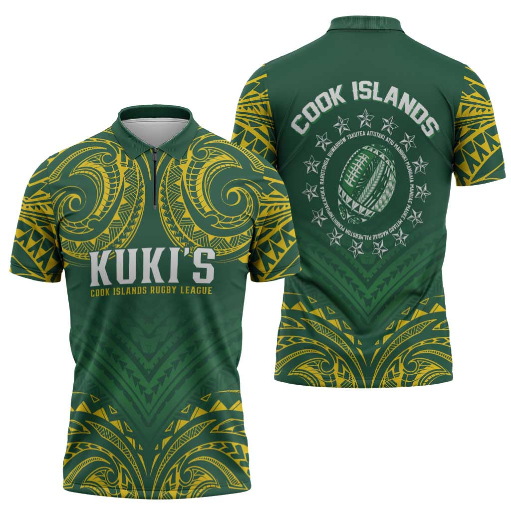 World Rugby Cook Islands Zipper Polo Shirt Green Polynesian Tribal Pattern - Polynesian Pride