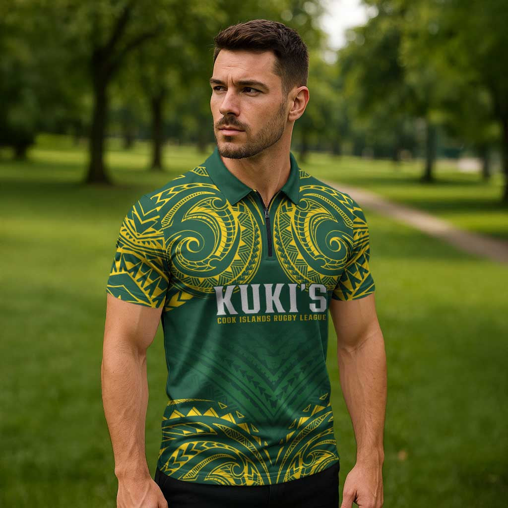 World Rugby Cook Islands Zipper Polo Shirt Green Polynesian Tribal Pattern - Polynesian Pride