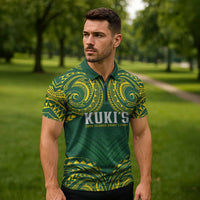 World Rugby Cook Islands Zipper Polo Shirt Green Polynesian Tribal Pattern - Polynesian Pride
