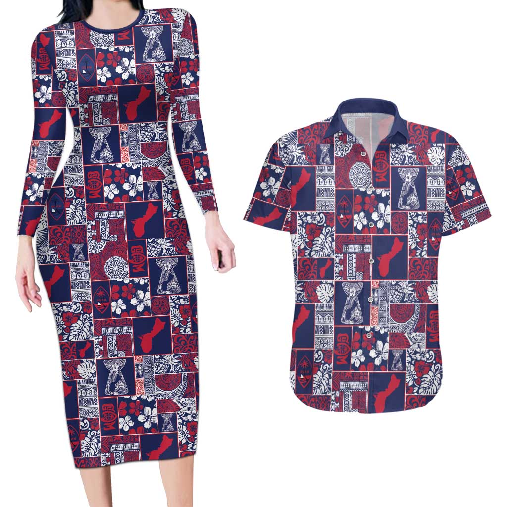 Guam Felis Pasgua Couples Matching Long Sleeve Bodycon Dress and Hawaiian Shirt Pacific Patchwork Xmas Vibes - Polynesian Pride