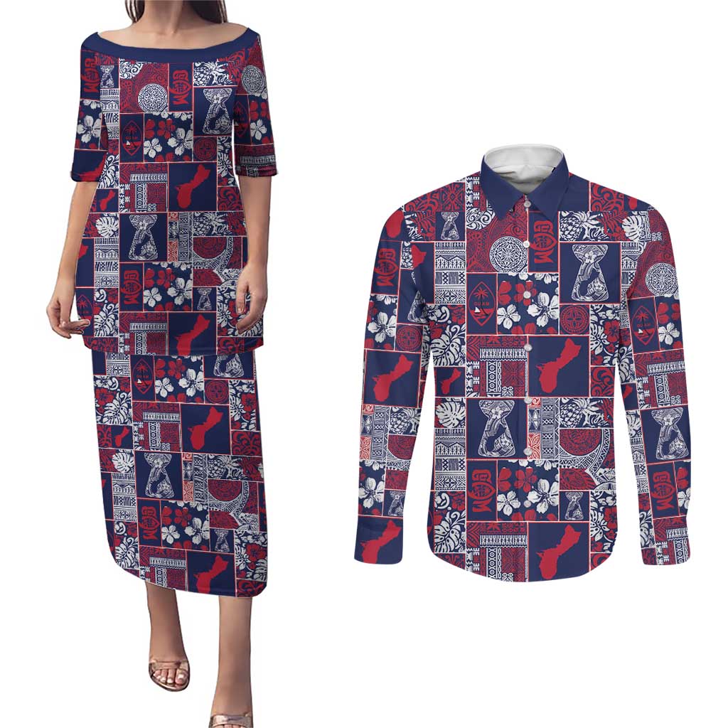Guam Felis Pasgua Couples Matching Puletasi and Long Sleeve Button Shirt Pacific Patchwork Xmas Vibes - Polynesian Pride