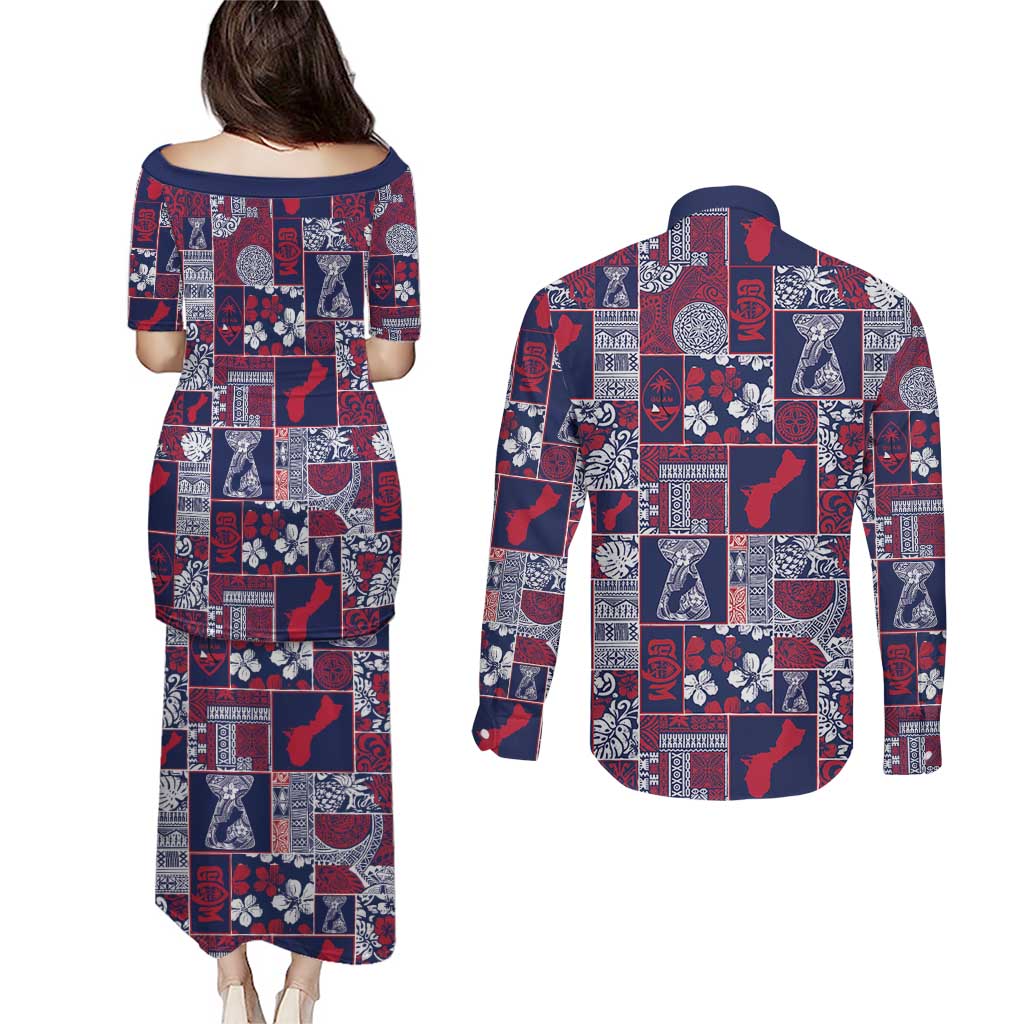 Guam Felis Pasgua Couples Matching Puletasi and Long Sleeve Button Shirt Pacific Patchwork Xmas Vibes - Polynesian Pride