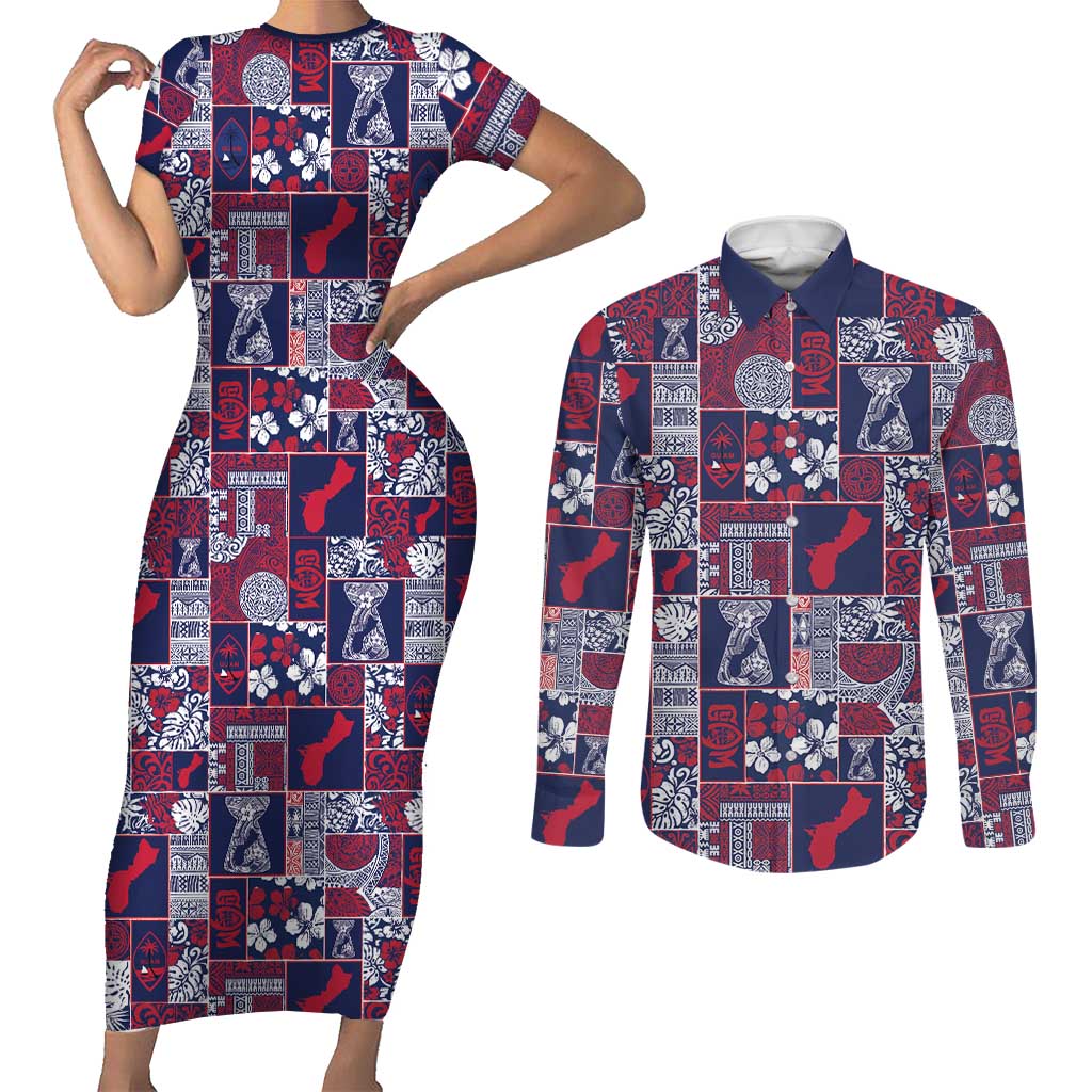Guam Felis Pasgua Couples Matching Short Sleeve Bodycon Dress and Long Sleeve Button Shirt Pacific Patchwork Xmas Vibes - Polynesian Pride