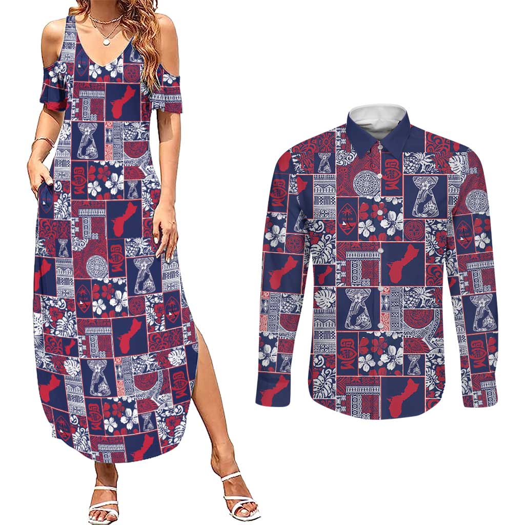 Guam Felis Pasgua Couples Matching Summer Maxi Dress and Long Sleeve Button Shirt Pacific Patchwork Xmas Vibes - Polynesian Pride
