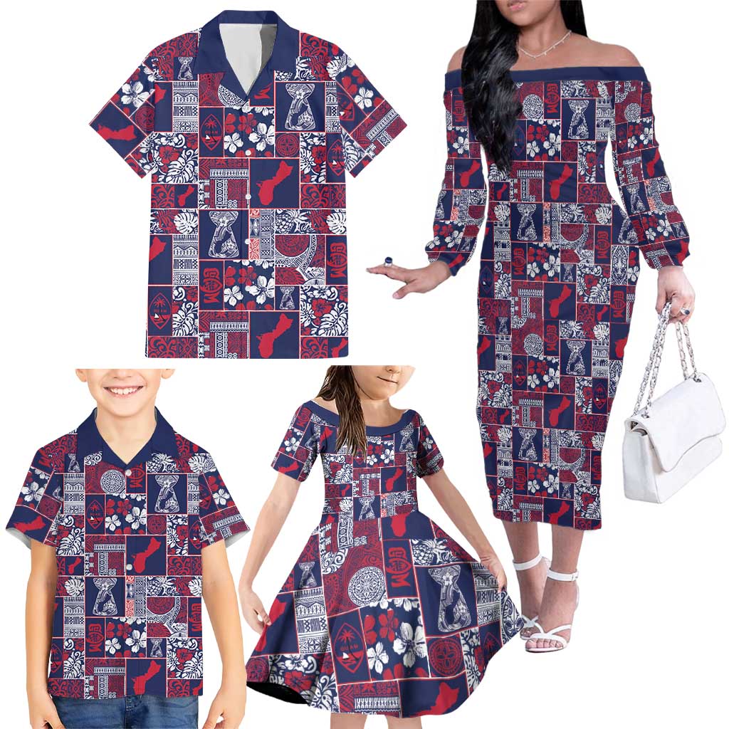 Guam Felis Pasgua Family Matching Off The Shoulder Long Sleeve Dress and Hawaiian Shirt Pacific Patchwork Xmas Vibes - Polynesian Pride