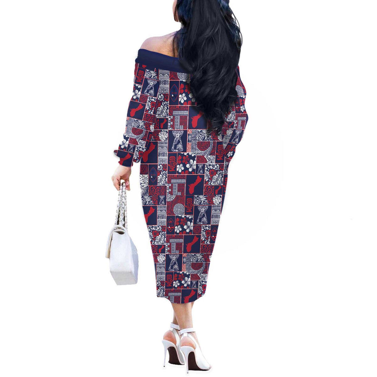 Guam Felis Pasgua Off The Shoulder Long Sleeve Dress Pacific Patchwork Xmas Vibes - Polynesian Pride