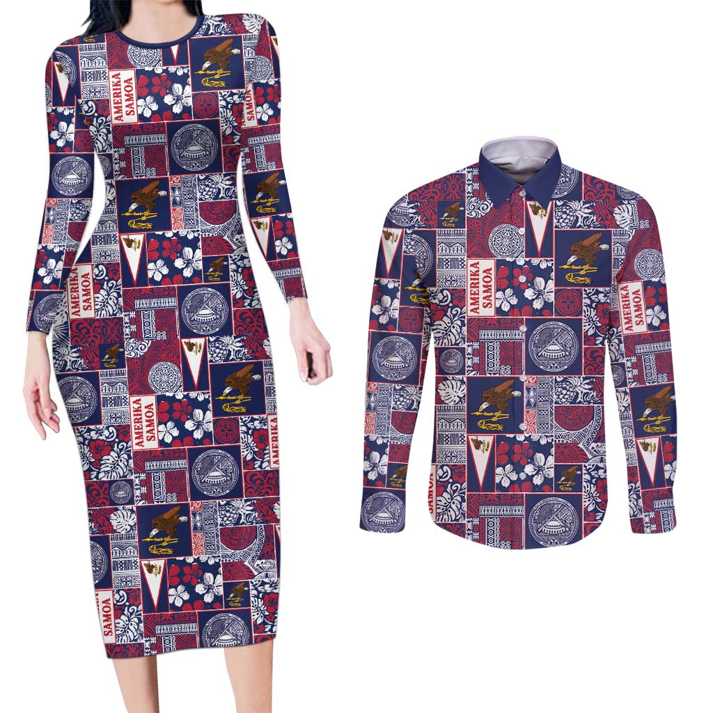 Manuia le Kerisimasi American Samoa Couples Matching Long Sleeve Bodycon Dress and Long Sleeve Button Shirt Pacific Patchwork Xmas Vibes - Polynesian Pride