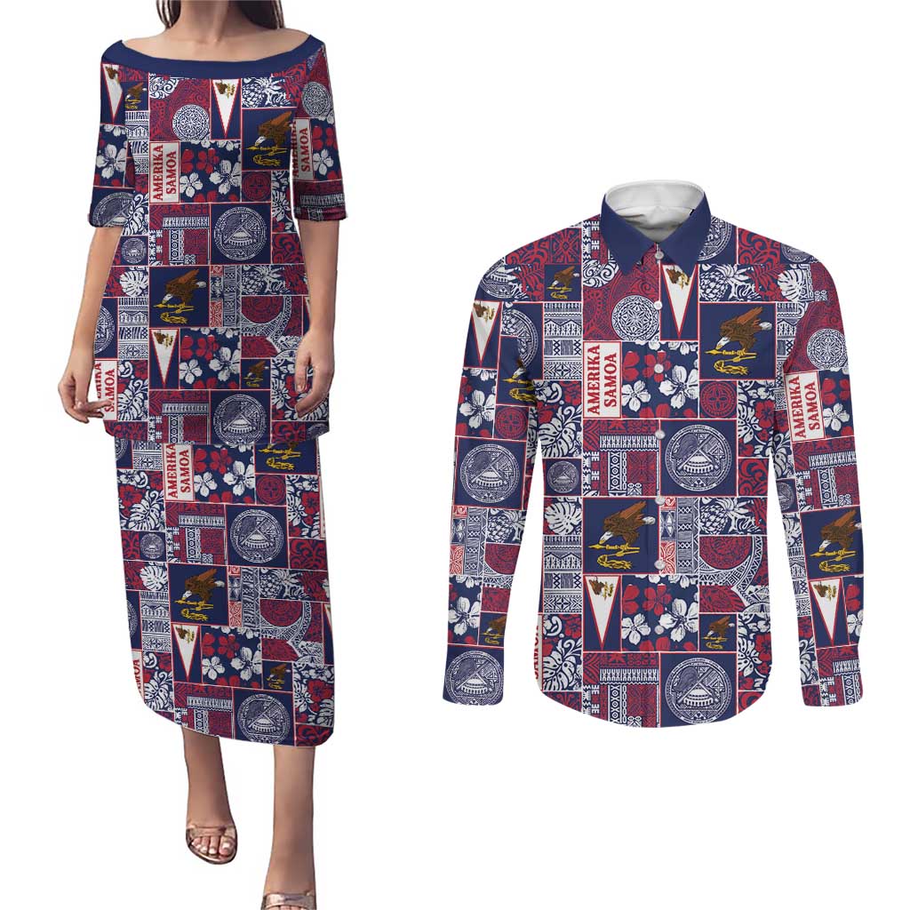 Manuia le Kerisimasi American Samoa Couples Matching Puletasi and Long Sleeve Button Shirt Pacific Patchwork Xmas Vibes - Polynesian Pride