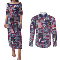 Manuia le Kerisimasi American Samoa Couples Matching Puletasi and Long Sleeve Button Shirt Pacific Patchwork Xmas Vibes - Polynesian Pride