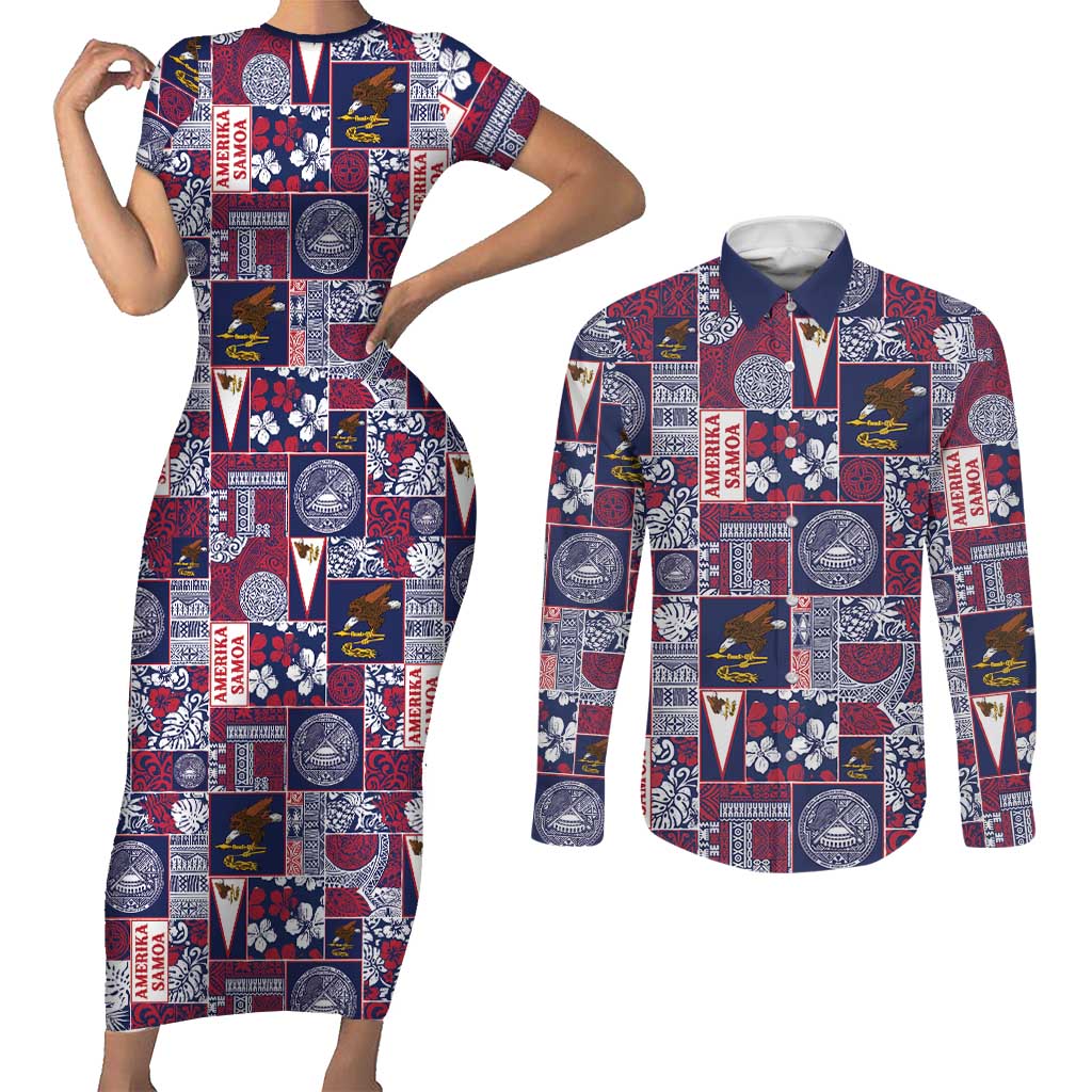 Manuia le Kerisimasi American Samoa Couples Matching Short Sleeve Bodycon Dress and Long Sleeve Button Shirt Pacific Patchwork Xmas Vibes - Polynesian Pride