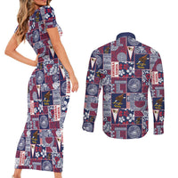 Manuia le Kerisimasi American Samoa Couples Matching Short Sleeve Bodycon Dress and Long Sleeve Button Shirt Pacific Patchwork Xmas Vibes - Polynesian Pride