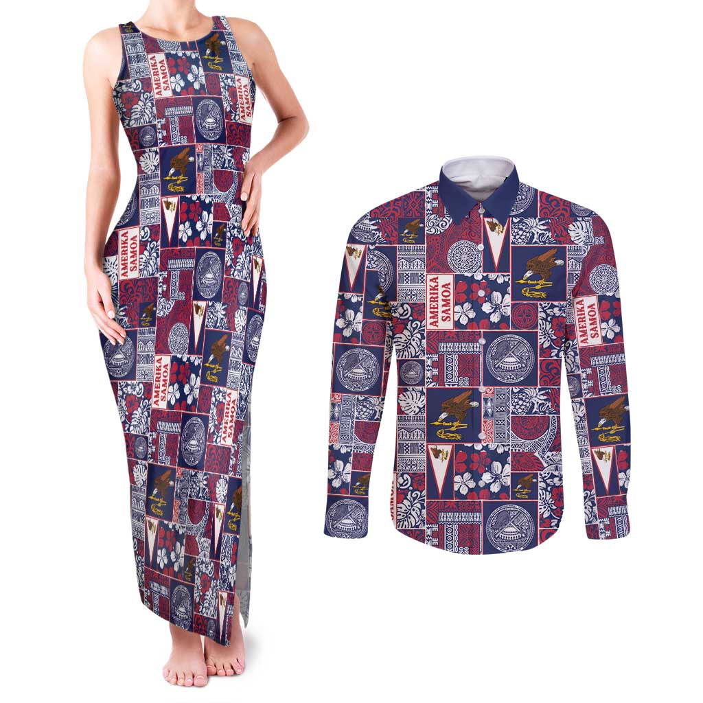 Manuia le Kerisimasi American Samoa Couples Matching Tank Maxi Dress and Long Sleeve Button Shirt Pacific Patchwork Xmas Vibes - Polynesian Pride