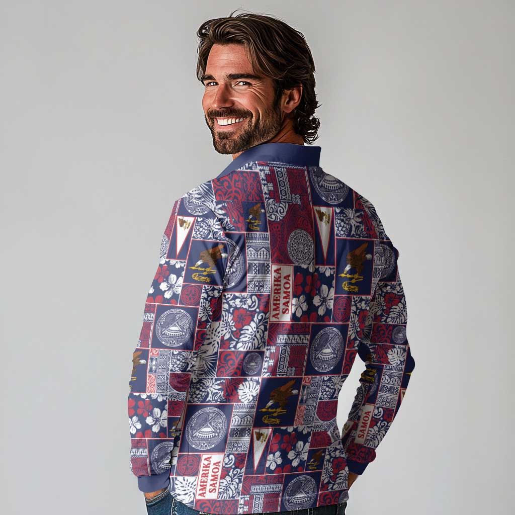 Manuia le Kerisimasi American Samoa Long Sleeve Polo Shirt Pacific Patchwork Xmas Vibes - Polynesian Pride