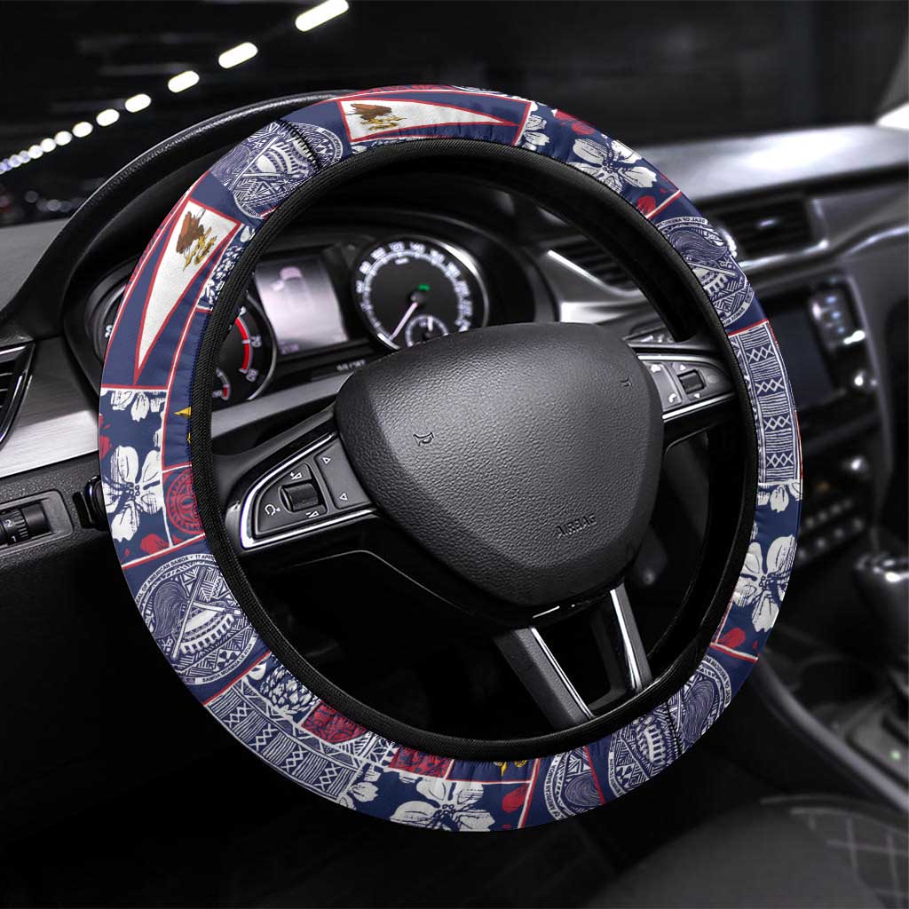 Manuia le Kerisimasi American Samoa Steering Wheel Cover Pacific Patchwork Xmas Vibes LT9 Universal Fit Blue - Polynesian Pride