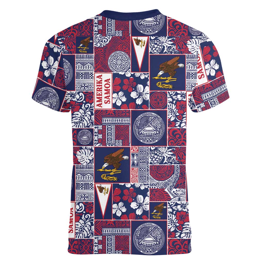 Manuia le Kerisimasi American Samoa Women V-Neck T-Shirt Pacific Patchwork Xmas Vibes - Polynesian Pride