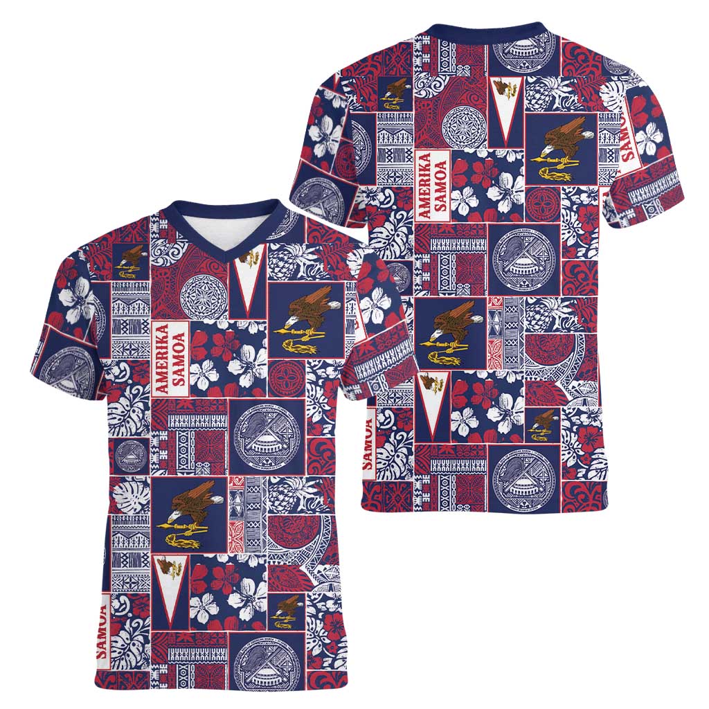 Manuia le Kerisimasi American Samoa Women V-Neck T-Shirt Pacific Patchwork Xmas Vibes - Polynesian Pride