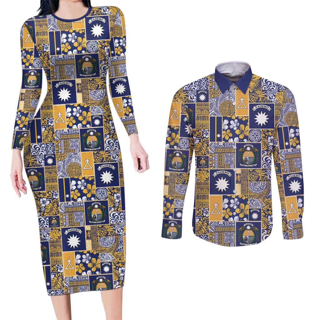 Ekamawir omo Nauru Couples Matching Long Sleeve Bodycon Dress and Long Sleeve Button Shirt Pacific Patchwork Xmas Vibes LT9 Blue - Polynesian Pride