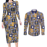 Ekamawir omo Nauru Couples Matching Long Sleeve Bodycon Dress and Long Sleeve Button Shirt Pacific Patchwork Xmas Vibes LT9 Blue - Polynesian Pride