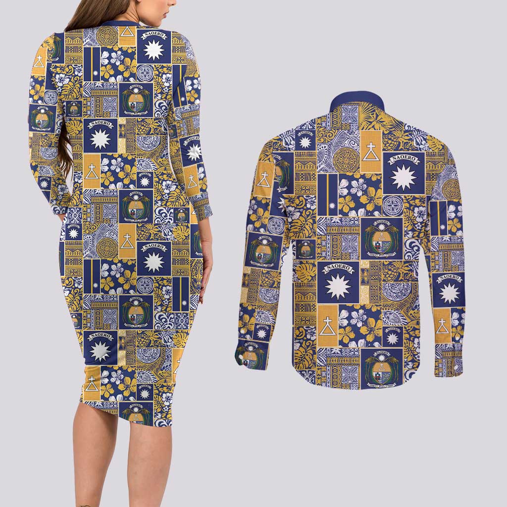 Ekamawir omo Nauru Couples Matching Long Sleeve Bodycon Dress and Long Sleeve Button Shirt Pacific Patchwork Xmas Vibes LT9 - Polynesian Pride