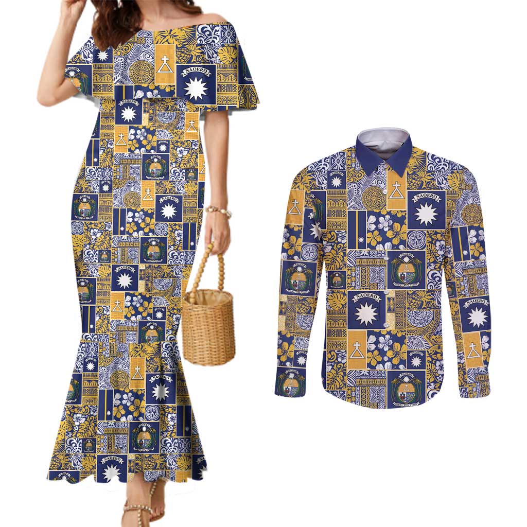 Ekamawir omo Nauru Couples Matching Mermaid Dress and Long Sleeve Button Shirt Pacific Patchwork Xmas Vibes - Polynesian Pride