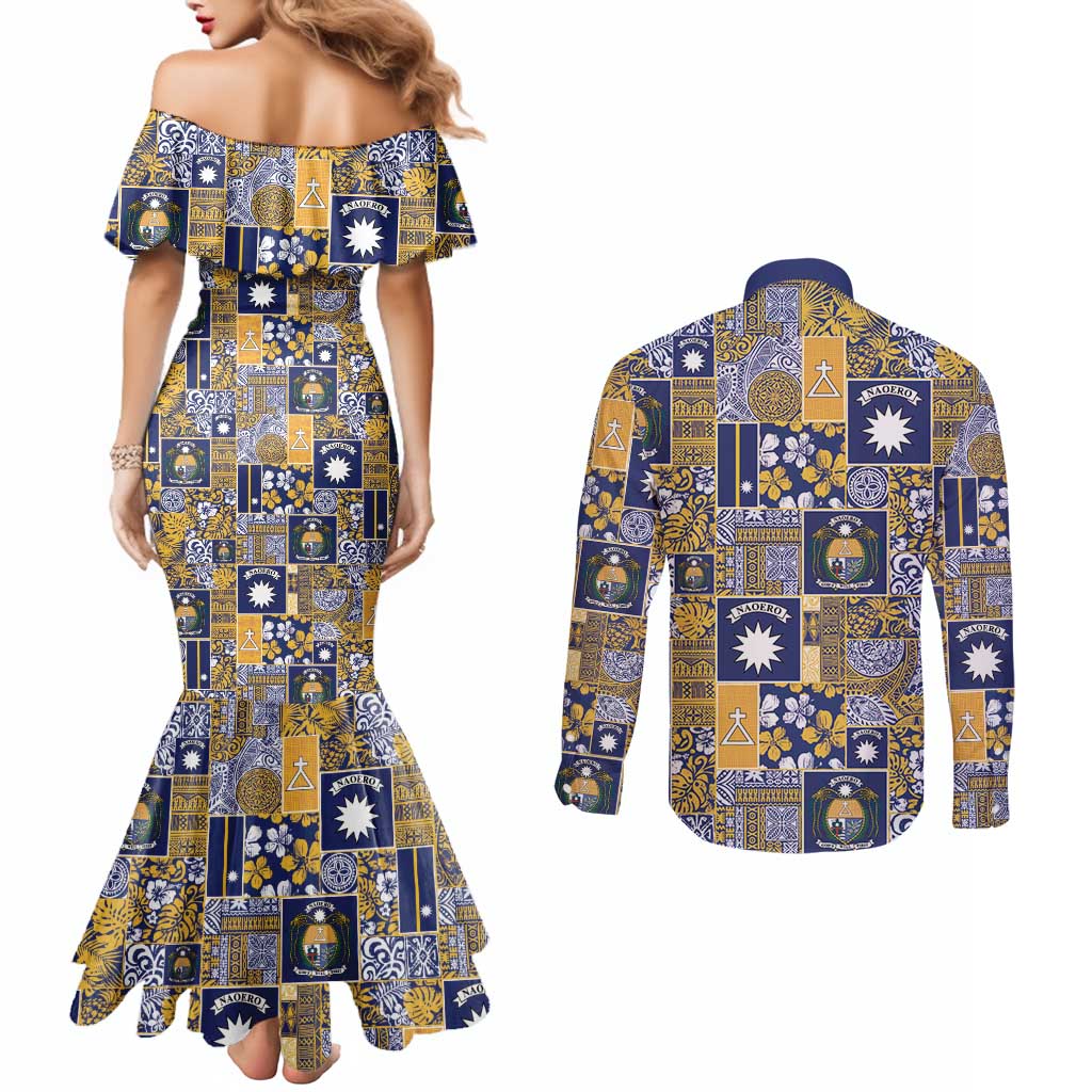 Ekamawir omo Nauru Couples Matching Mermaid Dress and Long Sleeve Button Shirt Pacific Patchwork Xmas Vibes - Polynesian Pride