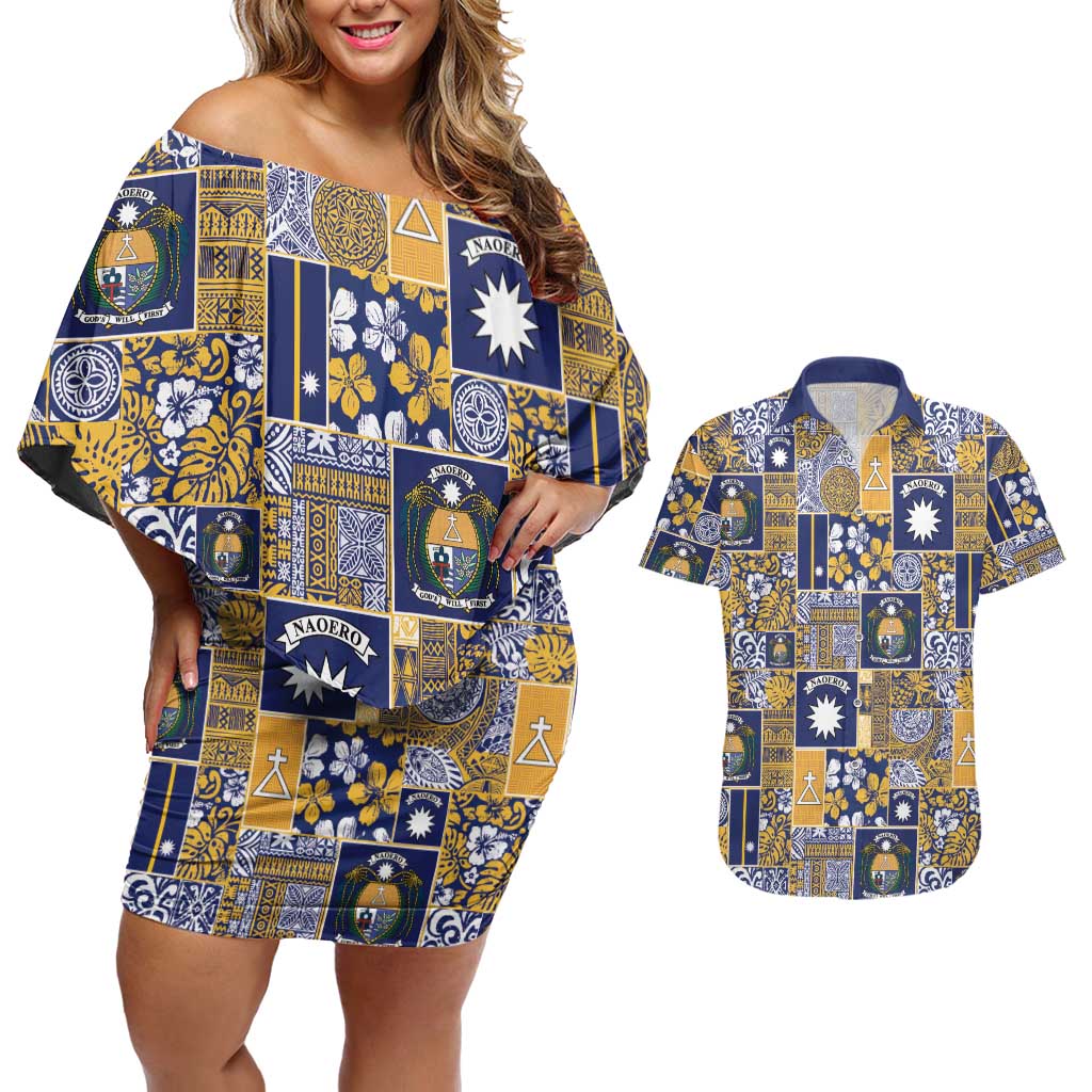 Ekamawir omo Nauru Couples Matching Off Shoulder Short Dress and Hawaiian Shirt Pacific Patchwork Xmas Vibes - Polynesian Pride