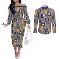Ekamawir omo Nauru Couples Matching Off The Shoulder Long Sleeve Dress and Long Sleeve Button Shirt Pacific Patchwork Xmas Vibes - Polynesian Pride