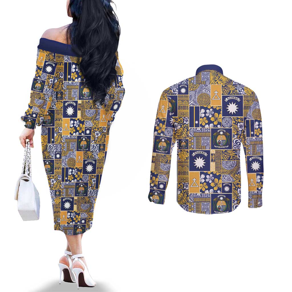 Ekamawir omo Nauru Couples Matching Off The Shoulder Long Sleeve Dress and Long Sleeve Button Shirt Pacific Patchwork Xmas Vibes - Polynesian Pride
