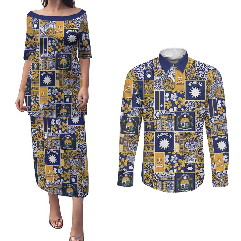 Ekamawir omo Nauru Couples Matching Puletasi and Long Sleeve Button Shirt Pacific Patchwork Xmas Vibes - Polynesian Pride