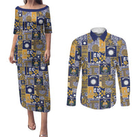 Ekamawir omo Nauru Couples Matching Puletasi and Long Sleeve Button Shirt Pacific Patchwork Xmas Vibes - Polynesian Pride