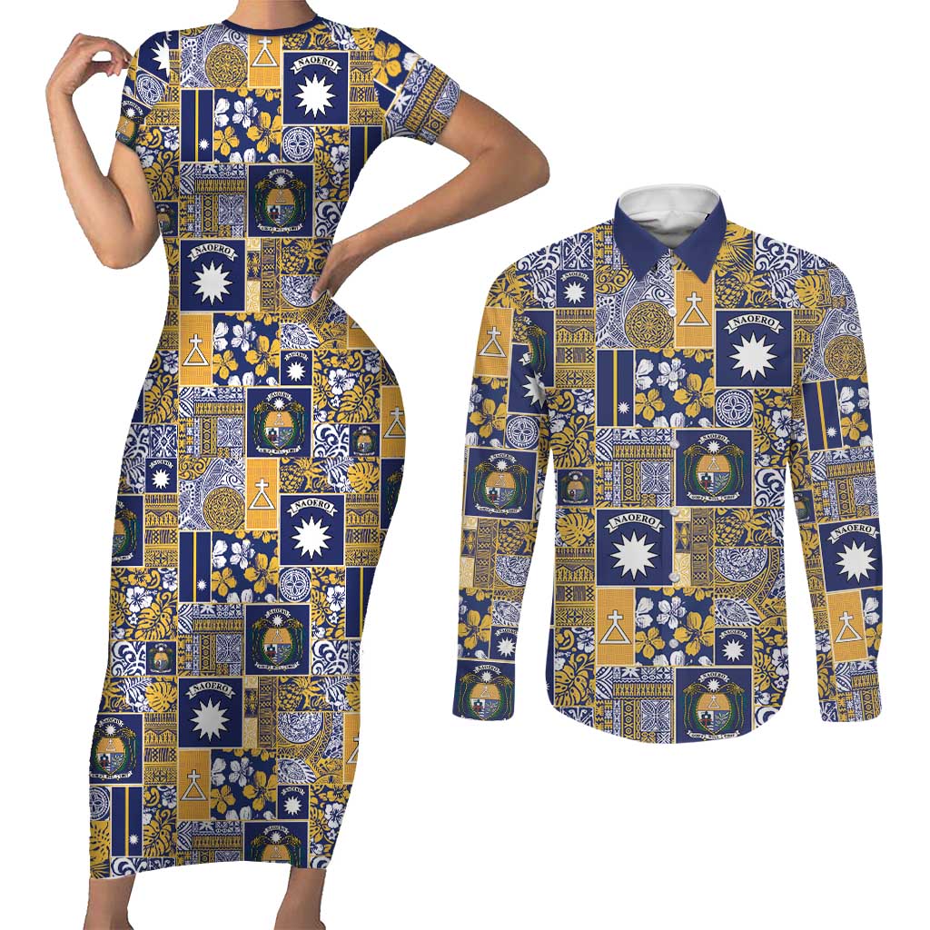 Ekamawir omo Nauru Couples Matching Short Sleeve Bodycon Dress and Long Sleeve Button Shirt Pacific Patchwork Xmas Vibes LT9 Blue - Polynesian Pride