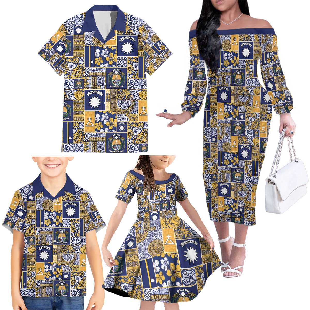 Ekamawir omo Nauru Family Matching Off The Shoulder Long Sleeve Dress and Hawaiian Shirt Pacific Patchwork Xmas Vibes - Polynesian Pride