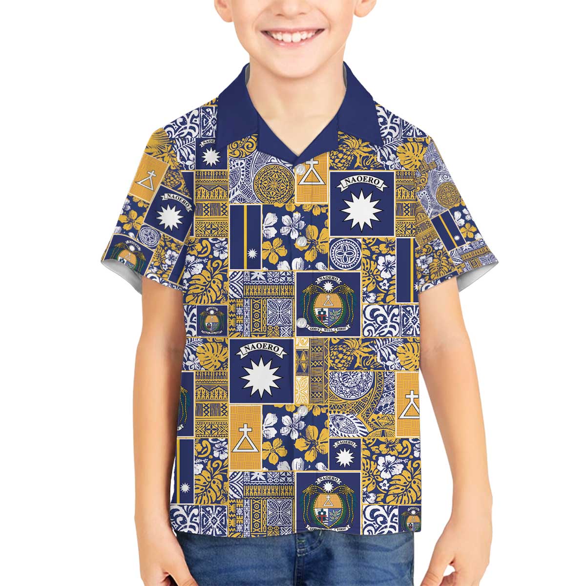 Ekamawir omo Nauru Family Matching Off The Shoulder Long Sleeve Dress and Hawaiian Shirt Pacific Patchwork Xmas Vibes - Polynesian Pride