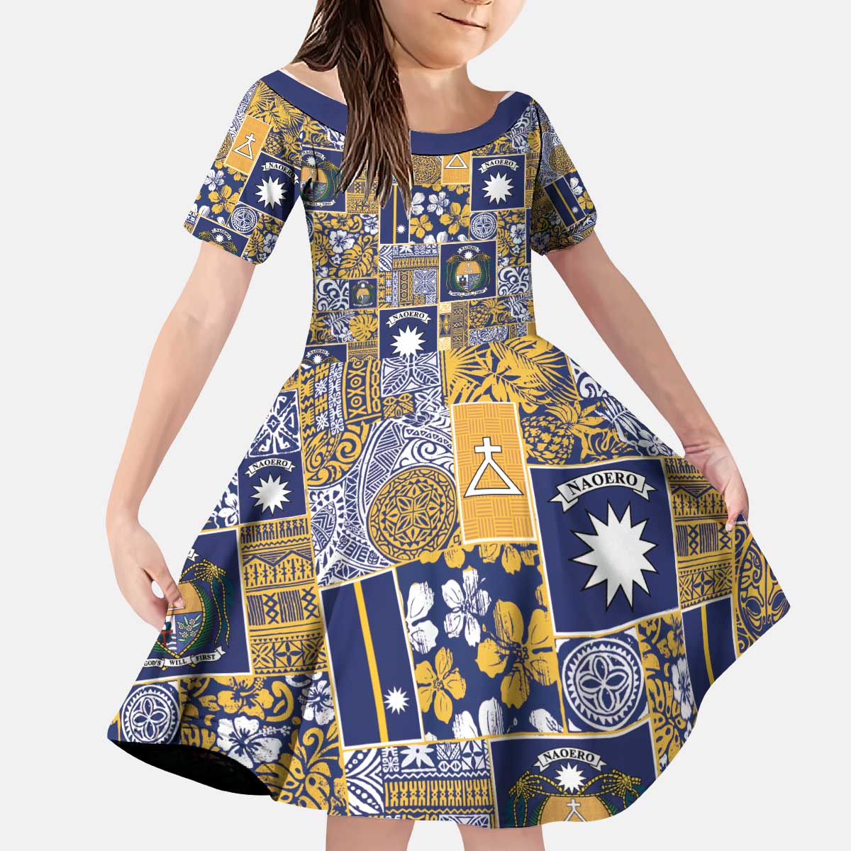 Ekamawir omo Nauru Kid Short Sleeve Dress Pacific Patchwork Xmas Vibes - Polynesian Pride
