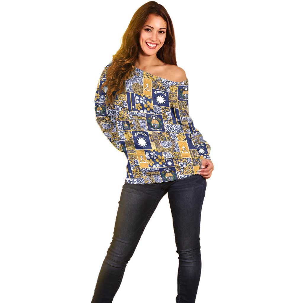 Ekamawir omo Nauru Off Shoulder Sweater Pacific Patchwork Xmas Vibes - Polynesian Pride
