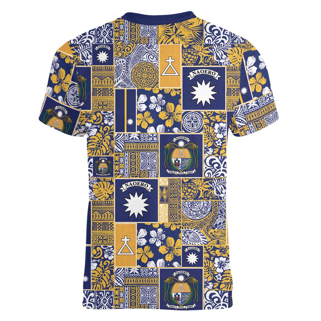 Ekamawir omo Nauru Women V-Neck T-Shirt Pacific Patchwork Xmas Vibes - Polynesian Pride