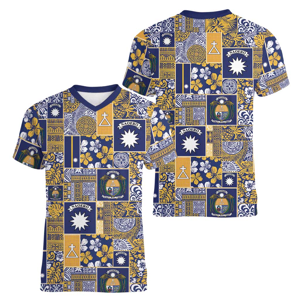 Ekamawir omo Nauru Women V-Neck T-Shirt Pacific Patchwork Xmas Vibes - Polynesian Pride
