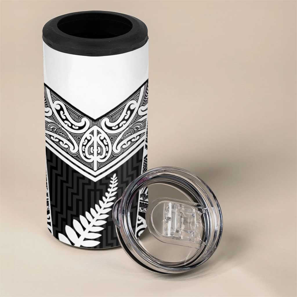 New Zealand Black Fern Custom 4 in 1 Can Cooler Tumbler Maori Tukutuku Black-white Motif LT9 - Polynesian Pride